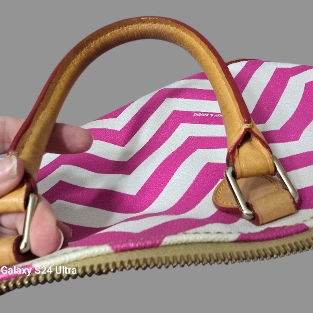 Dooney And Bourke Pink And White Chevron Satchel With Leather Trim - Picture 3 of 16